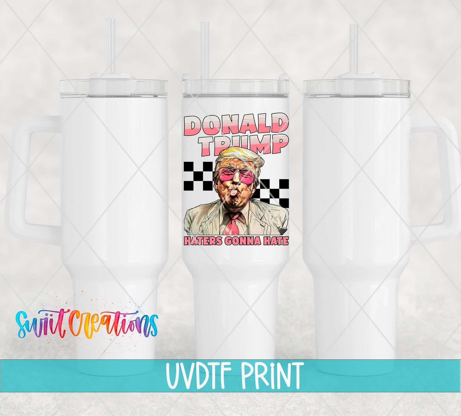 a set of three white tumblers with donald trump on them