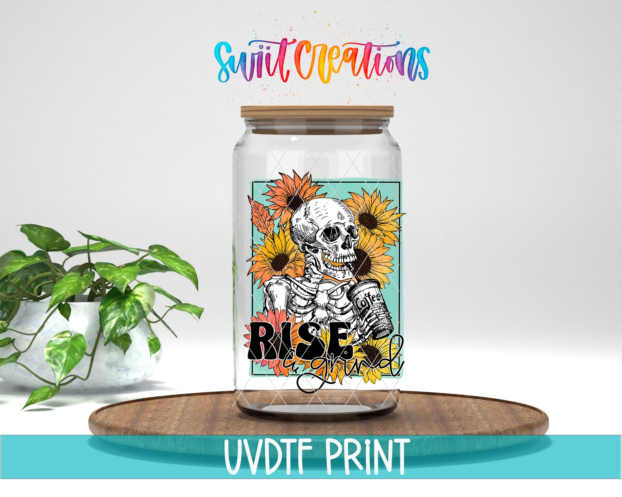 a glass jar with a label that includes a skull and sunflowers, along with the text "RISE" and "GARDEN". The jar is placed on a wooden surface, and there is a potted plant in the background.