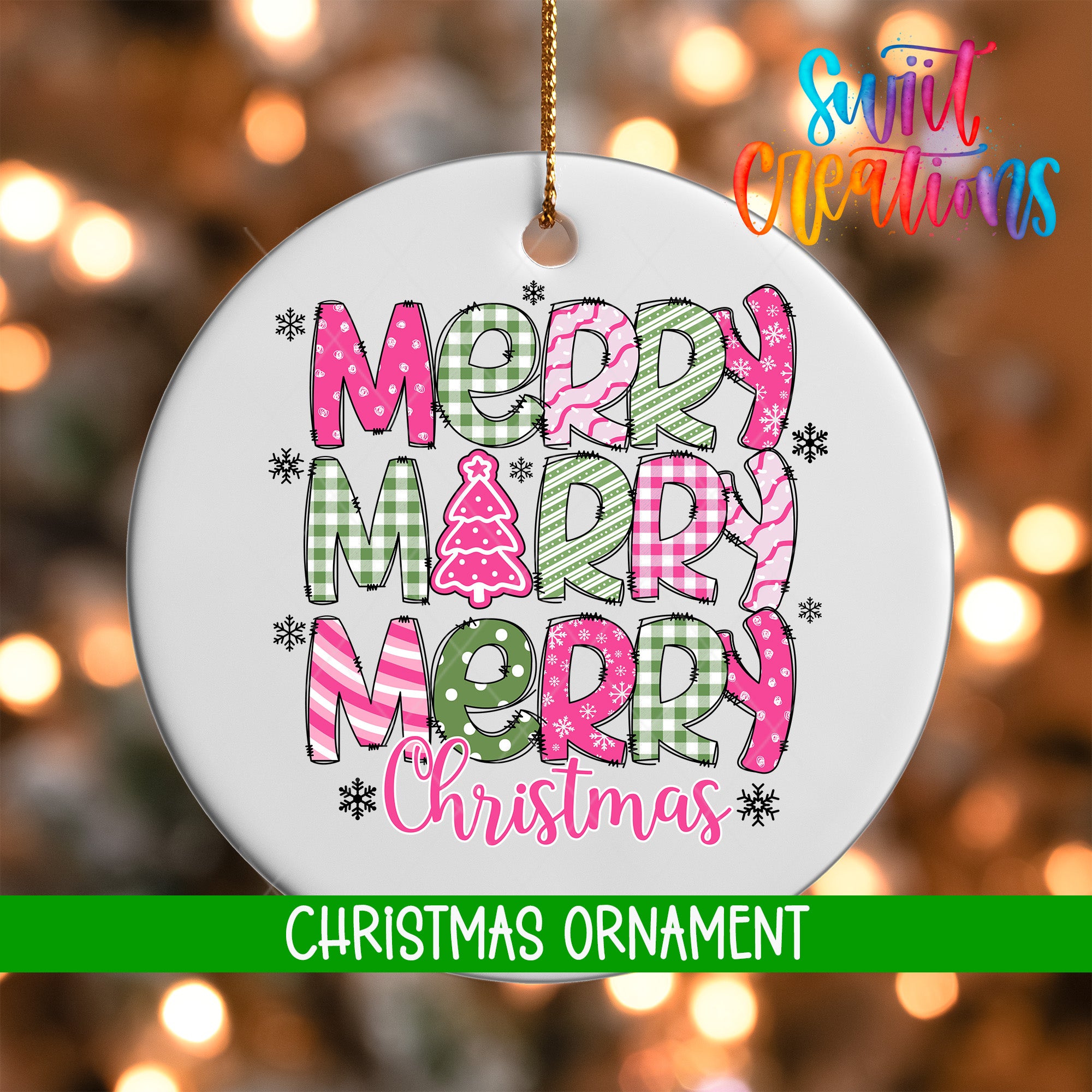 A white Christmas ornament with the text "MERRY MERRY MERRY CHRISTMAS" in pink and green colors, surrounded by snowflakes.