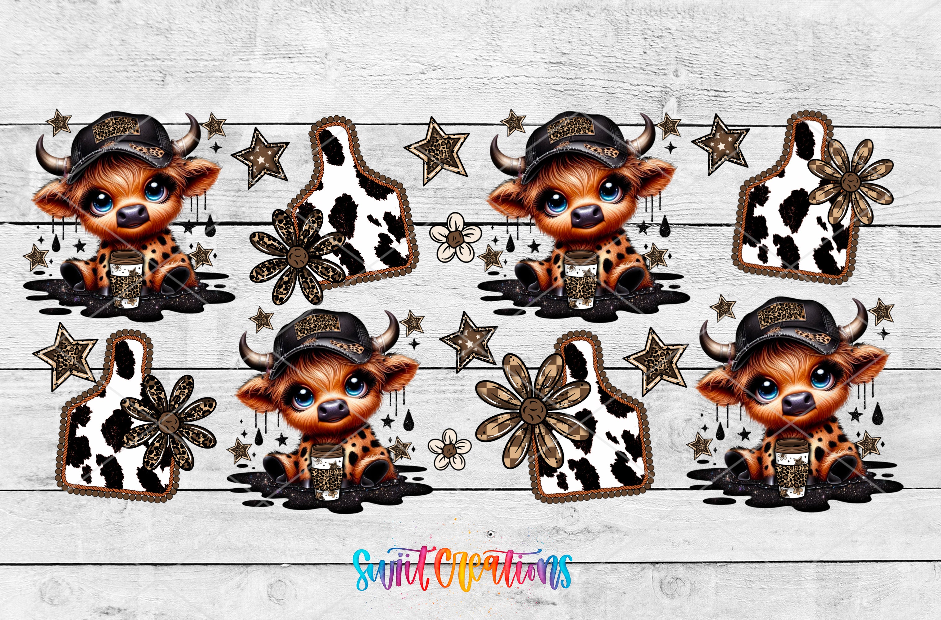 The image is a collage of nine images featuring cartoon-like cows wearing hats and surrounded by various decorative elements such as flowers, stars, and other patterns.