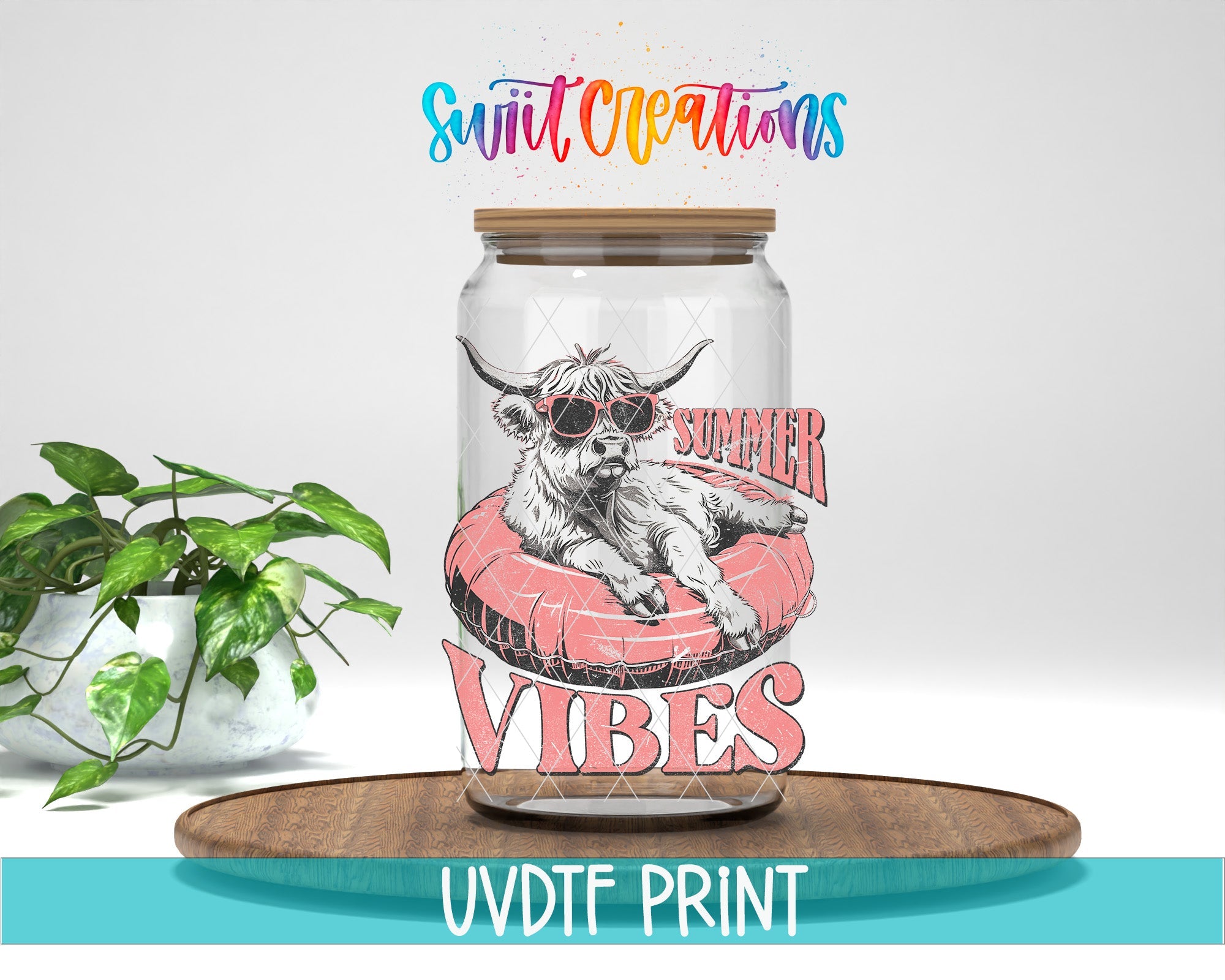 a glass jar with a picture of a cow on it
