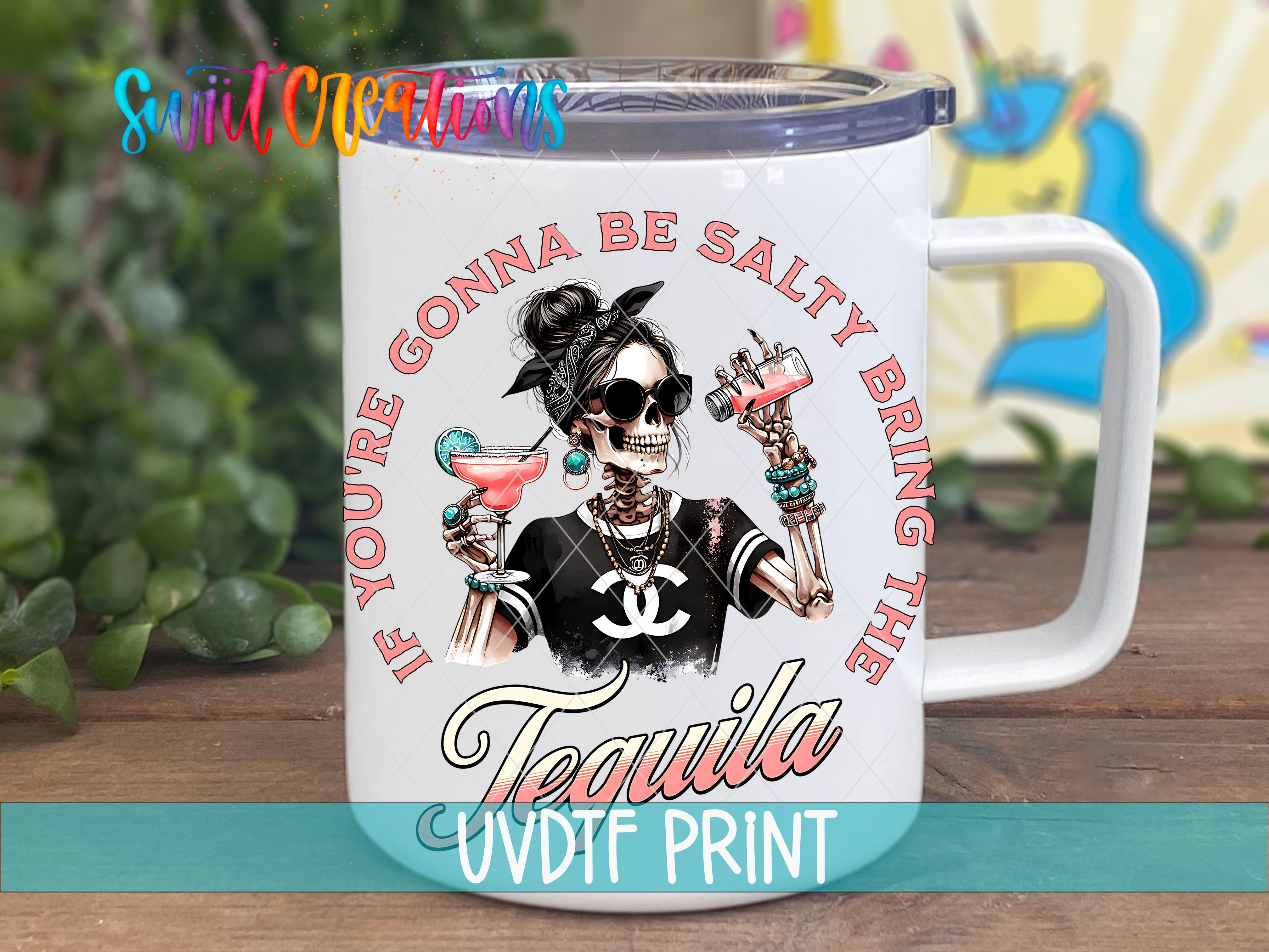 a white coffee mug with a picture of a girl holding a drink