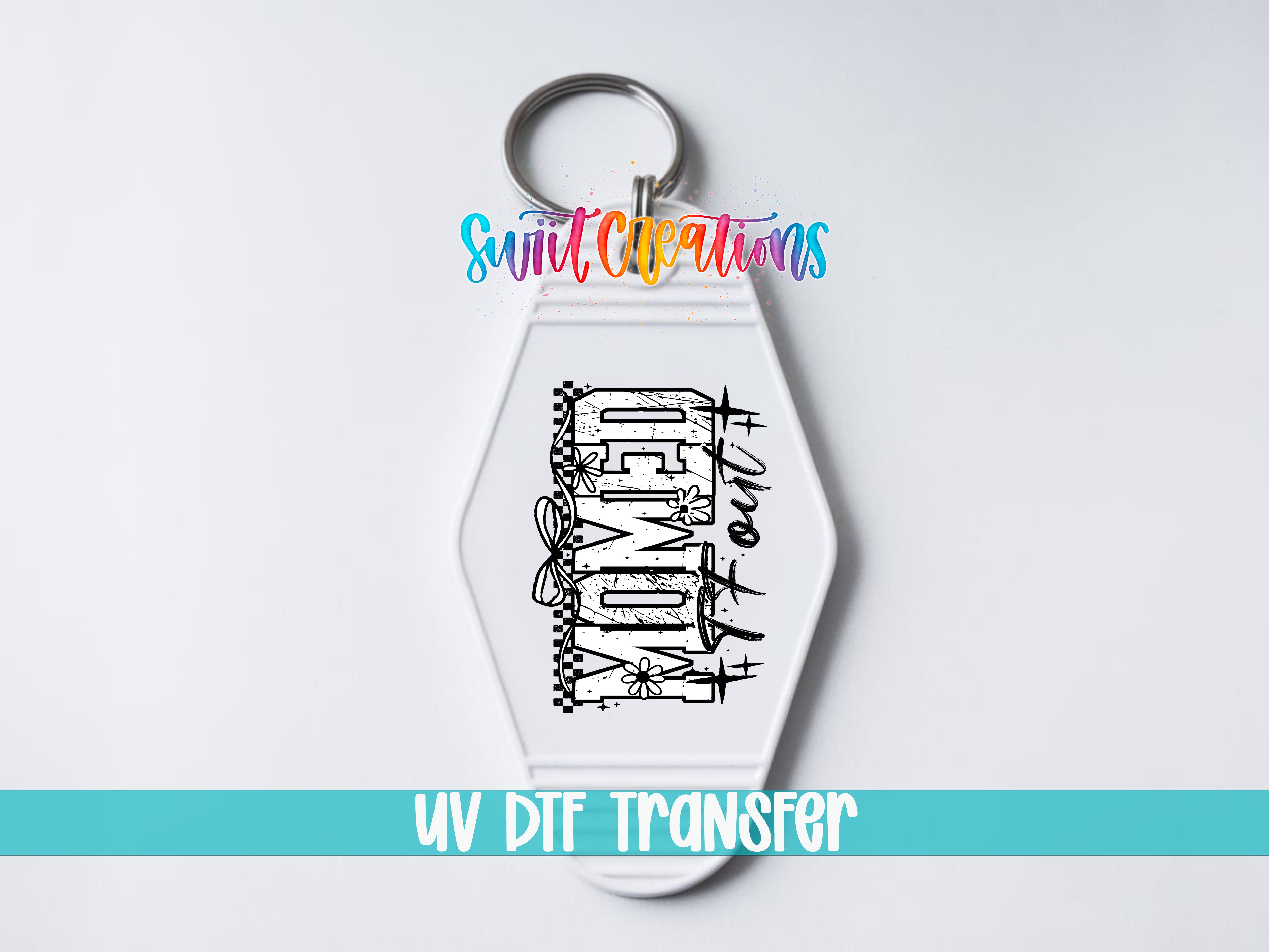 A keychain with a UV DDF (Digital Dough) transfer design, featuring a stylized text or graphic that is not too long.