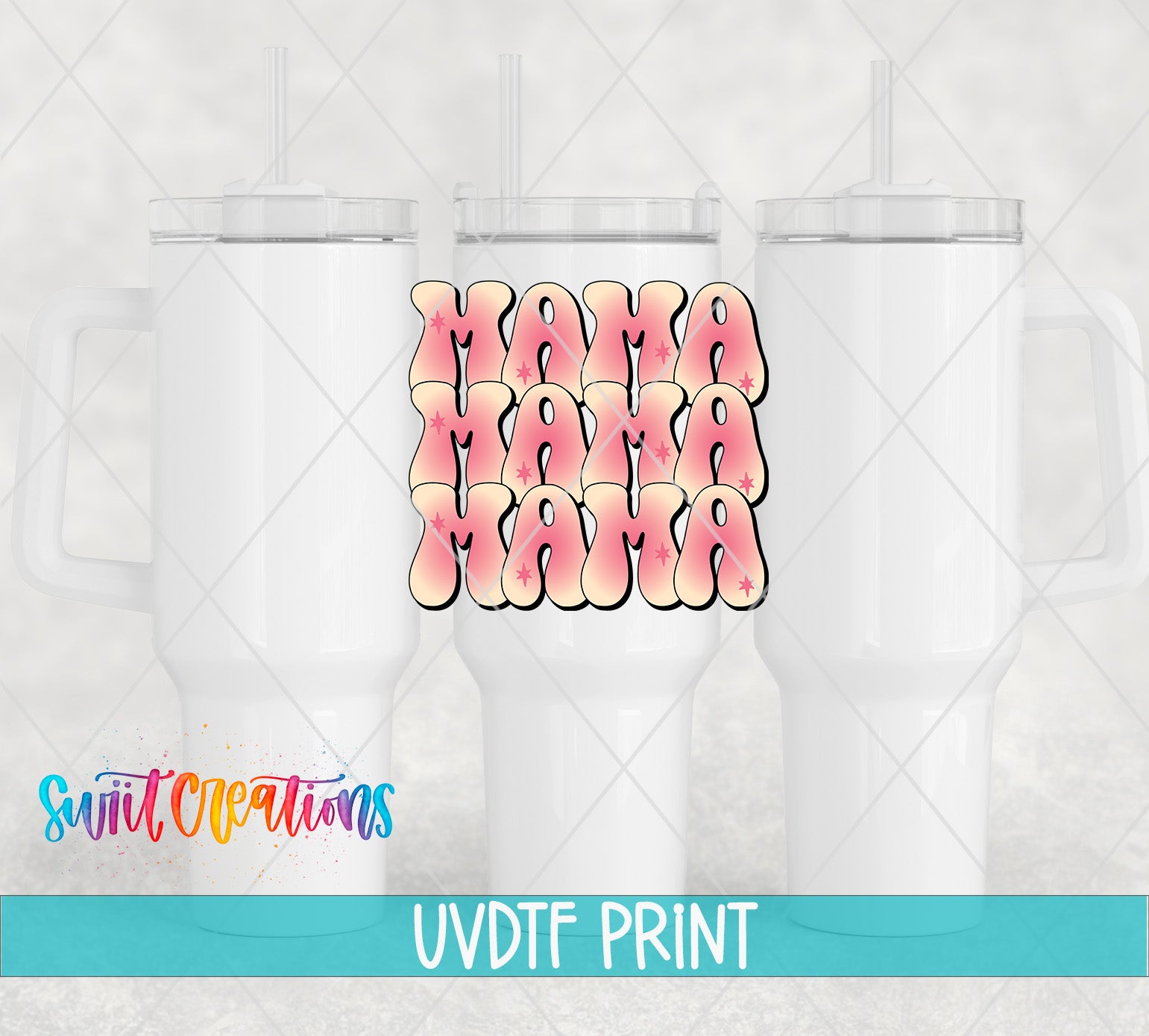 a white mug with a stylized text design on it, along with a watermark that reads "Swit Creations UVDF PRINT".