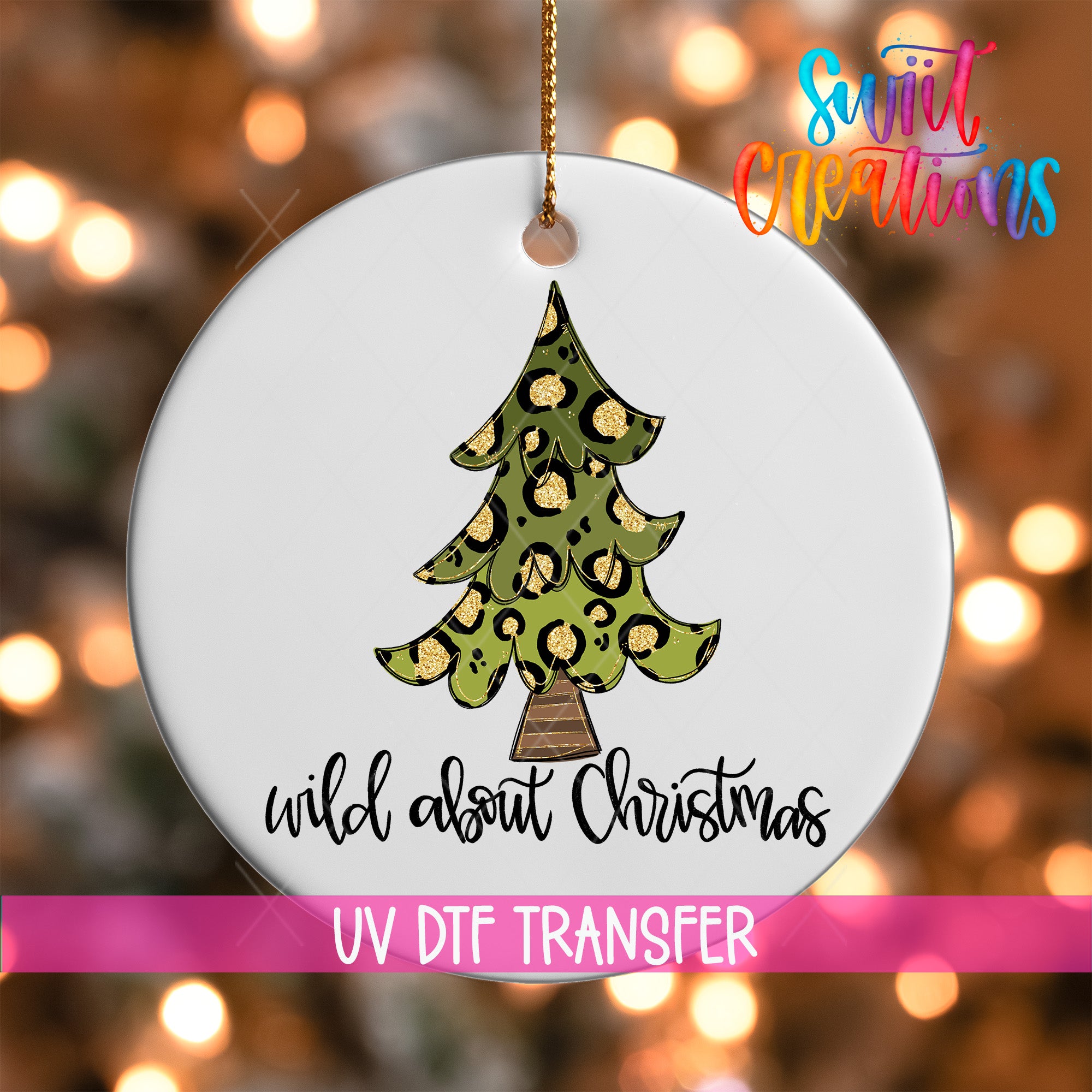 A white Christmas ornament with a leopard print design and the text "wild about Christmas" printed on it.