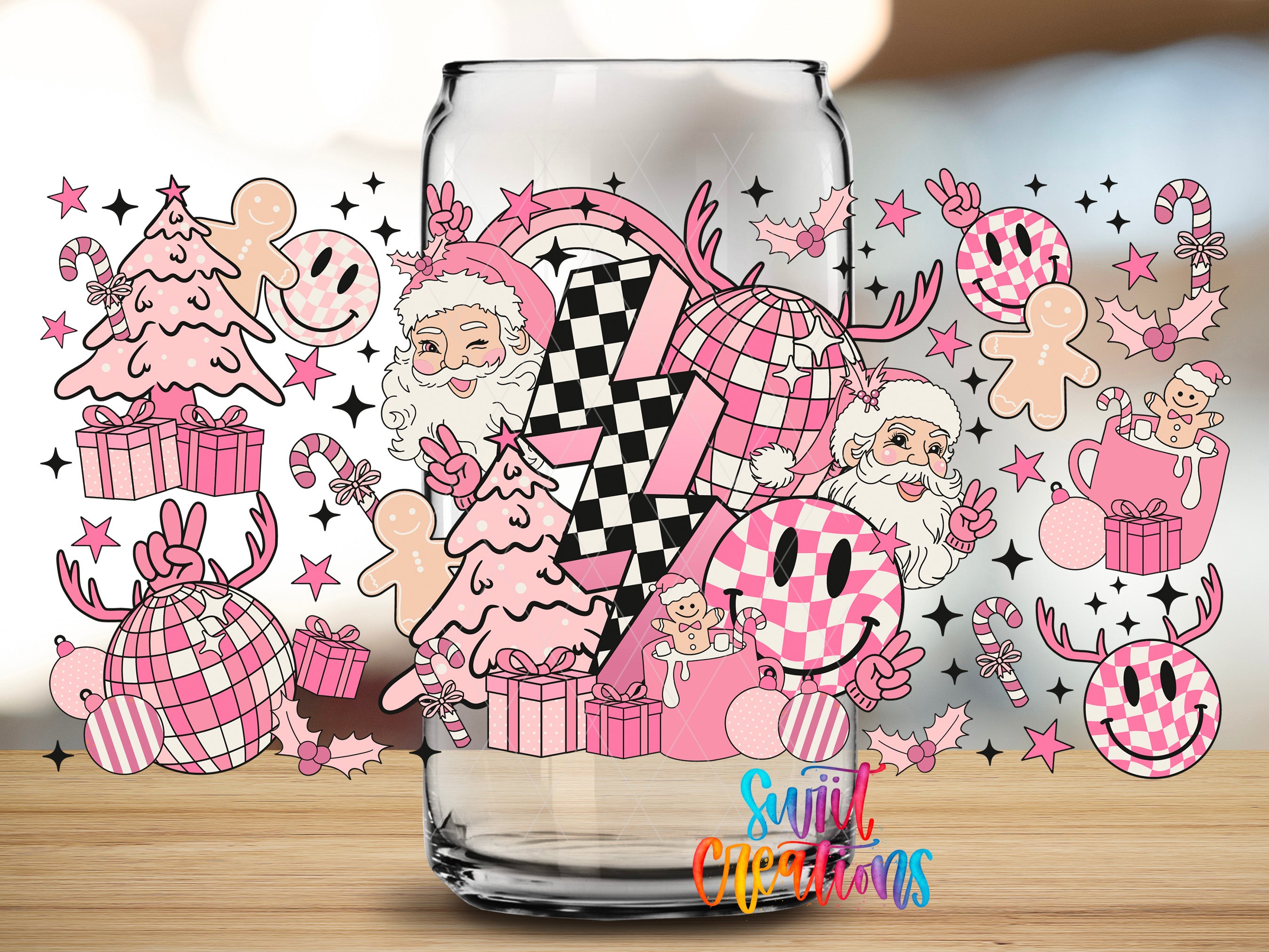 The image is a collage of various Christmas-themed illustrations, including Santa Claus, reindeer, presents, and other festive elements, all rendered in a pink and black color scheme.