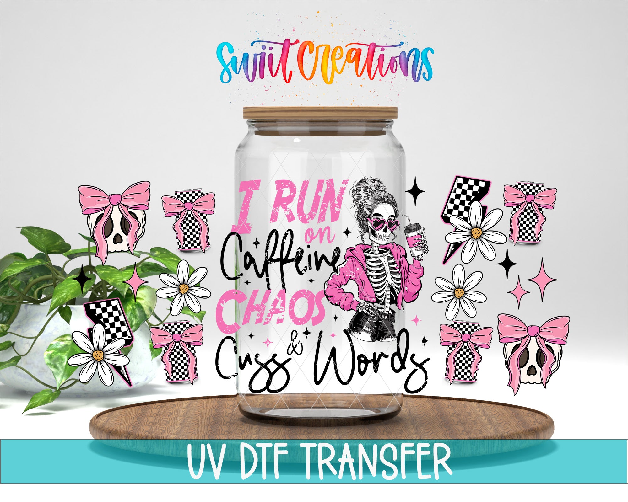 The image is a digital illustration featuring a glass jar with a skeleton wearing a pink outfit and holding a coffee cup, surrounded by various pink and white floral designs and text.