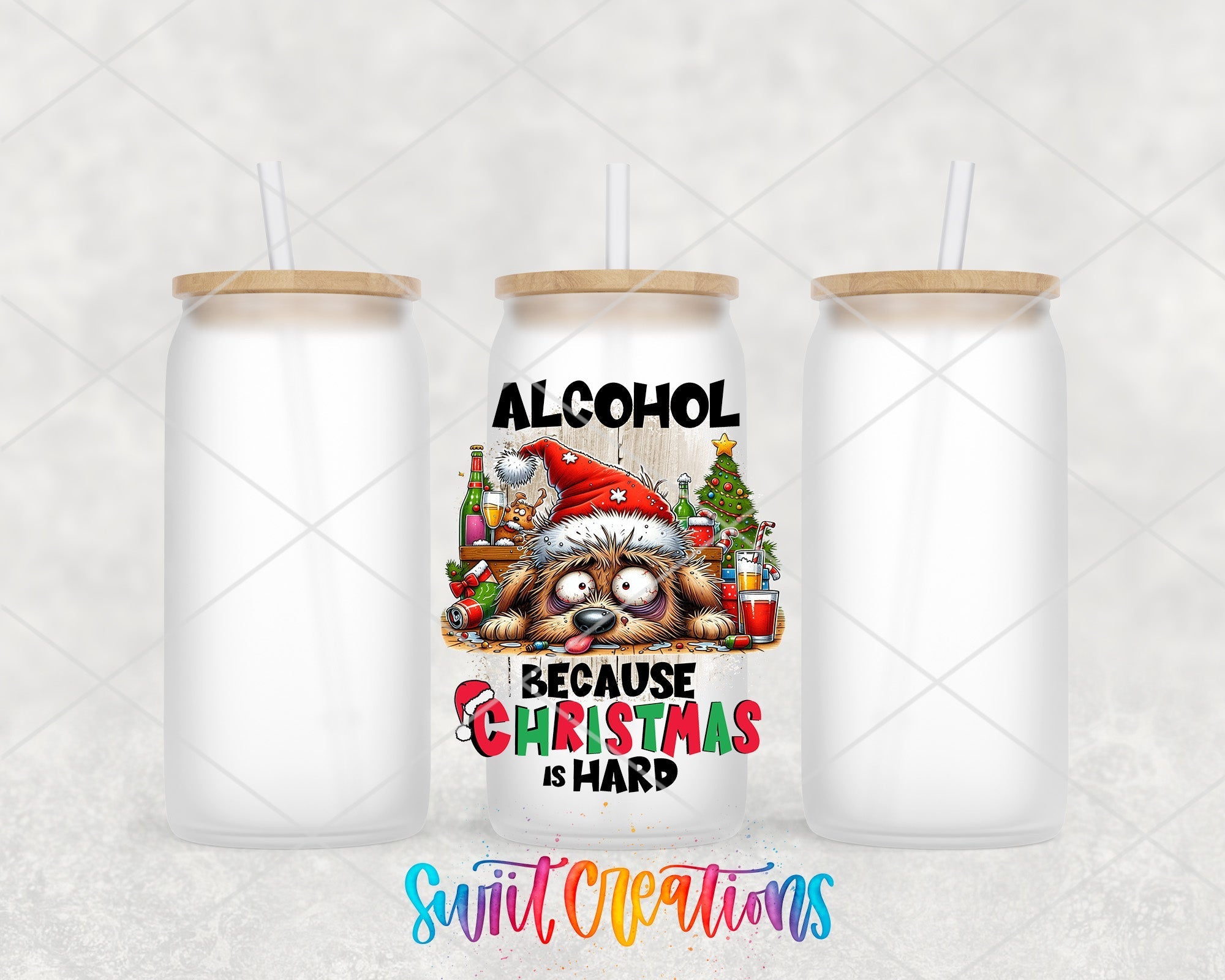 a couple of bottles of alcohol with a santa hat on them