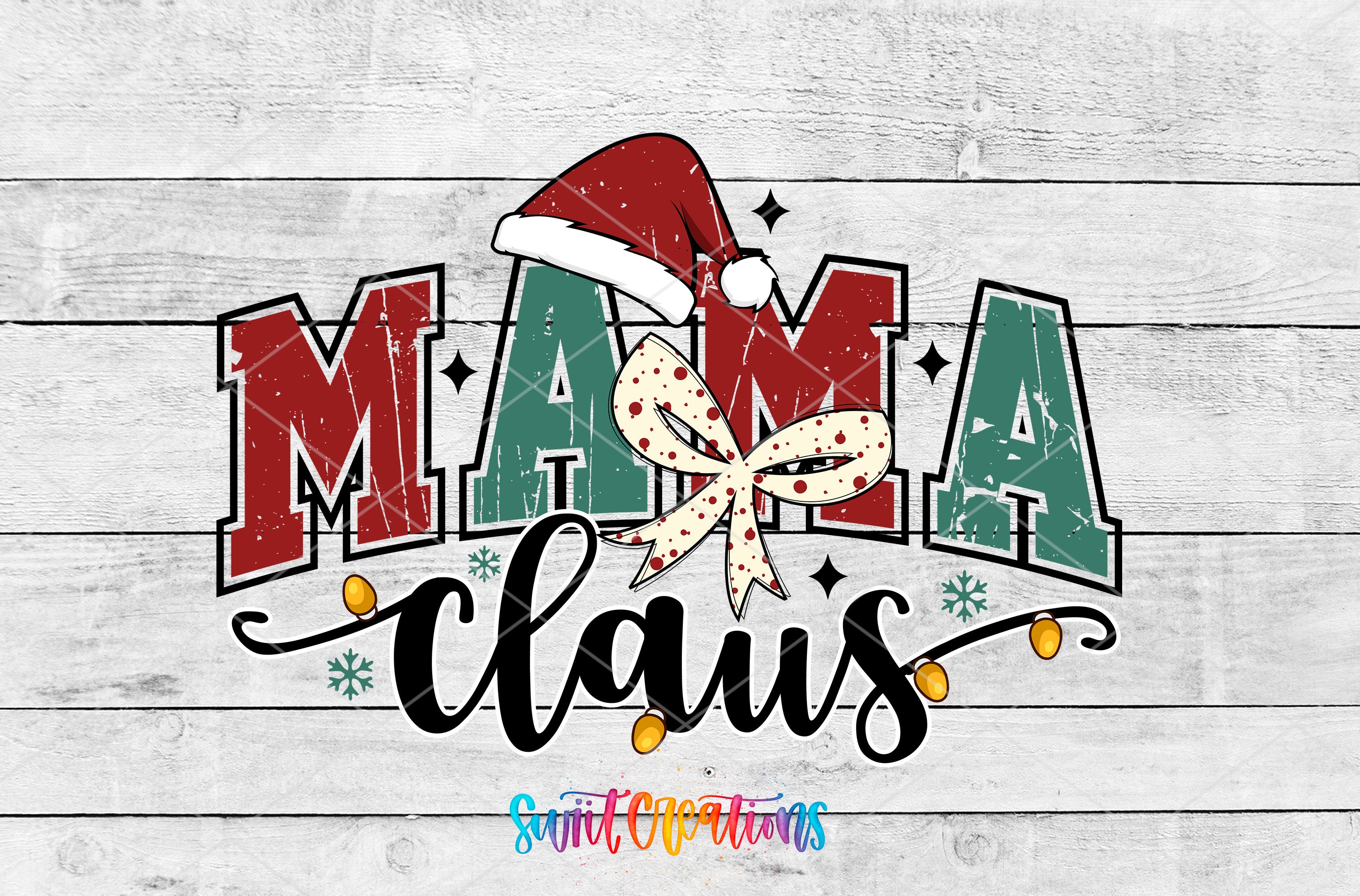 a wooden wall with the words mama claus and a santa hat