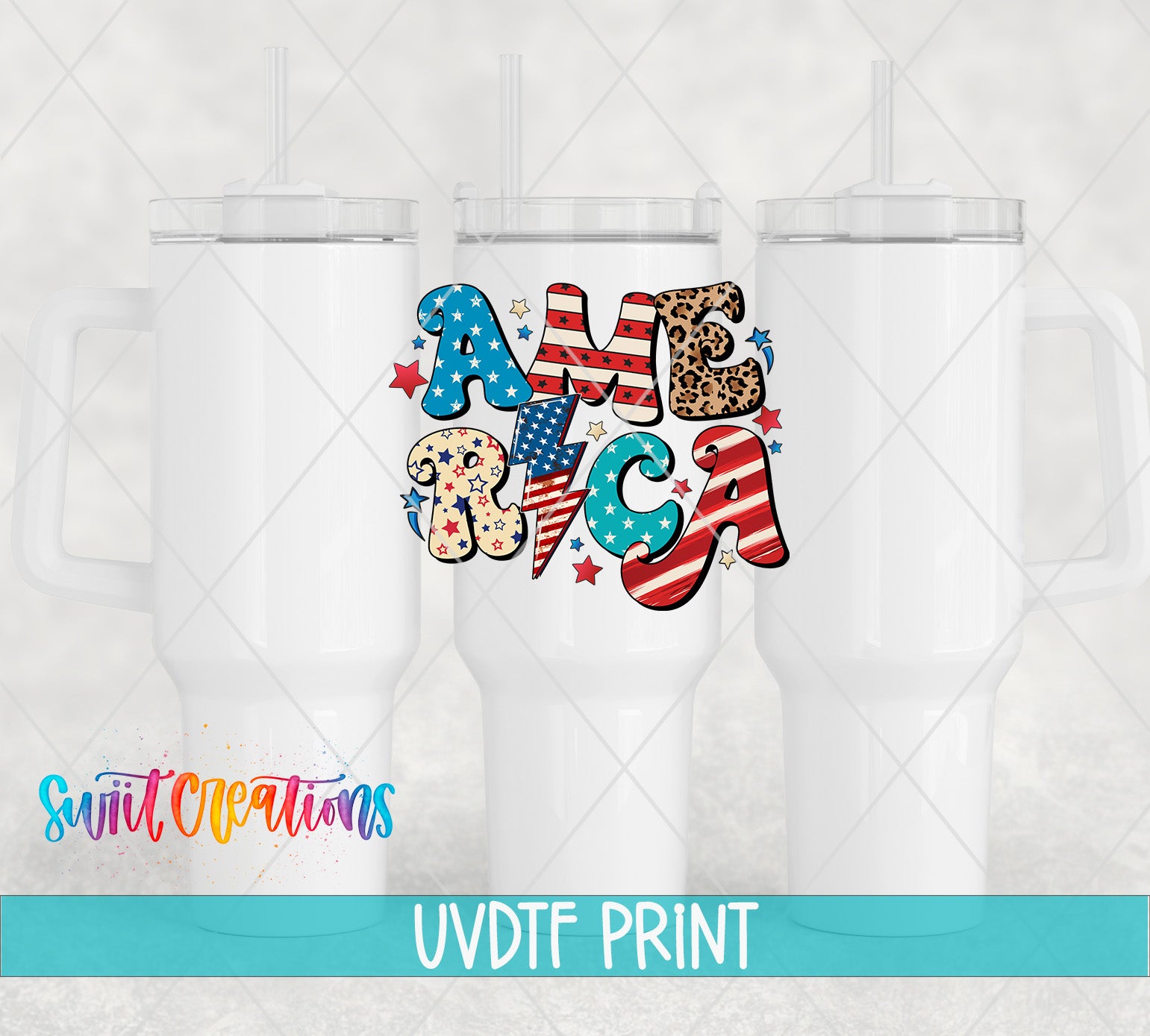 a white tumbler with a colorful design of the word "AMERICA" printed on it.