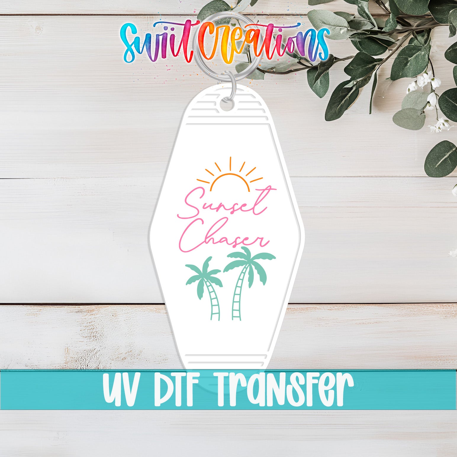 A keychain with a tropical design and the text "Sunset Chaser" printed on it, along with a UVDF (UV Dye Transfer) logo.