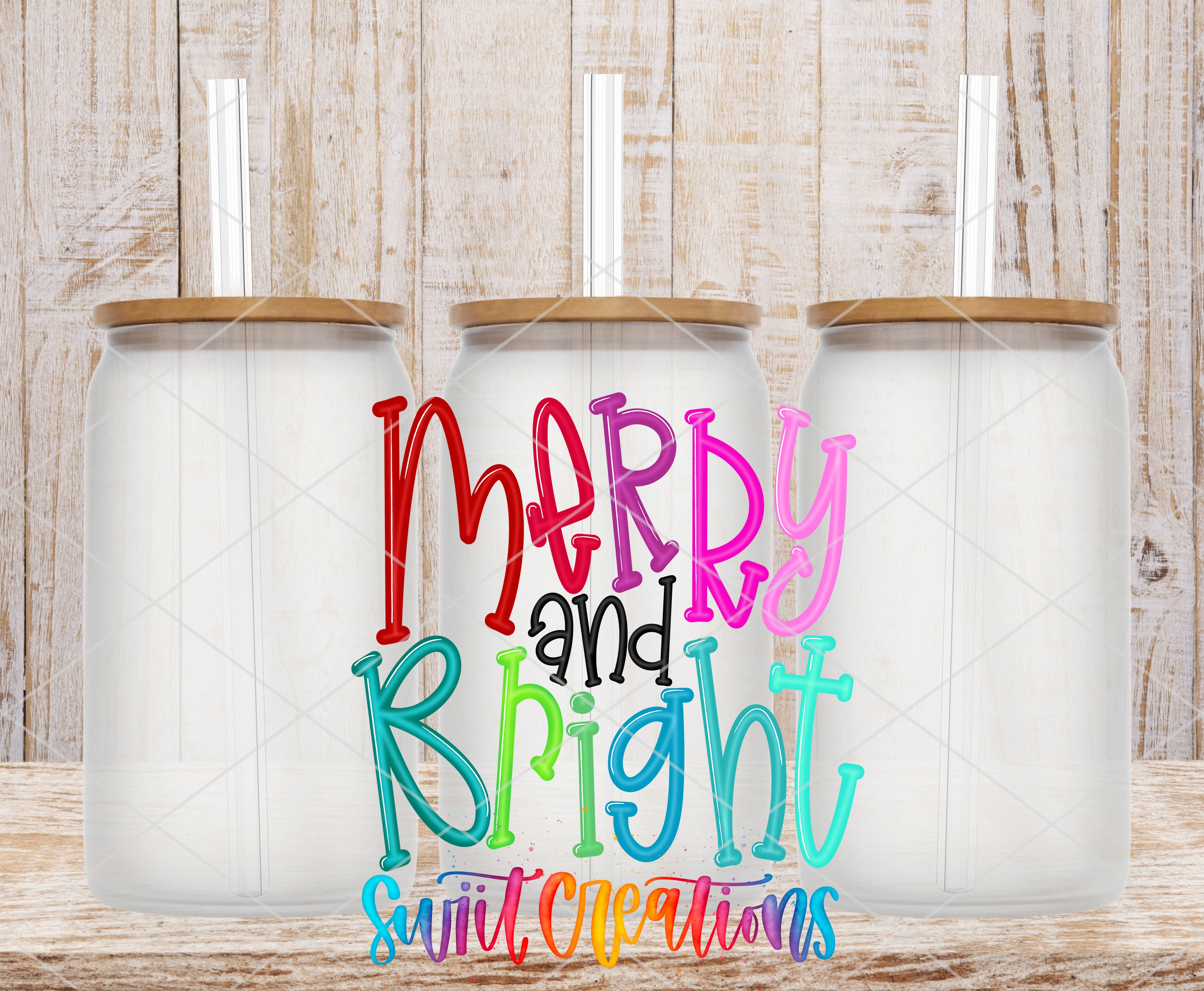 three transparent glass jars with wooden lids, arranged in a row against a wooden background. The text "Merry and Bright" is written in a colorful, stylized font in the center of the image.