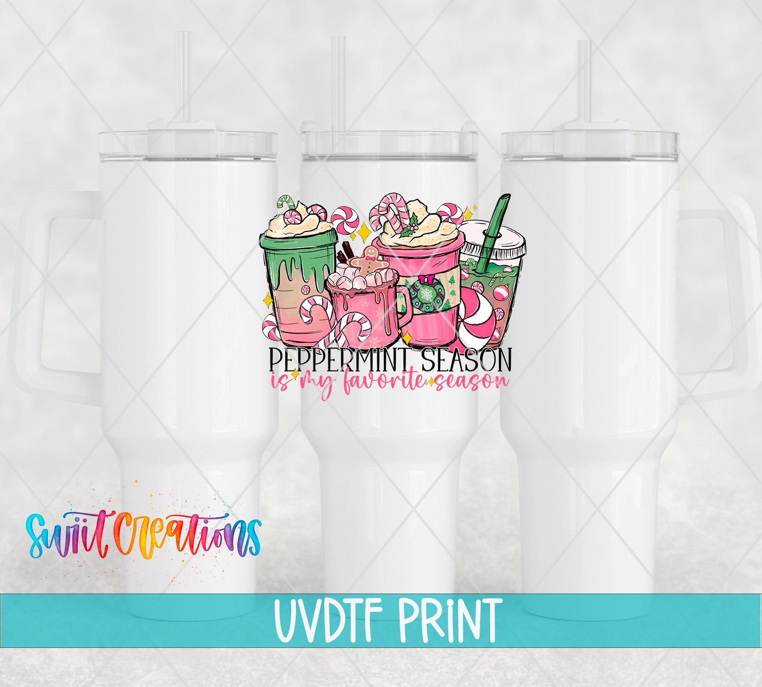 three white tumblers with colorful illustrations of hot beverages, such as lattes and iced coffee, along with the text "Peppermint season is my favorite season" printed on them.