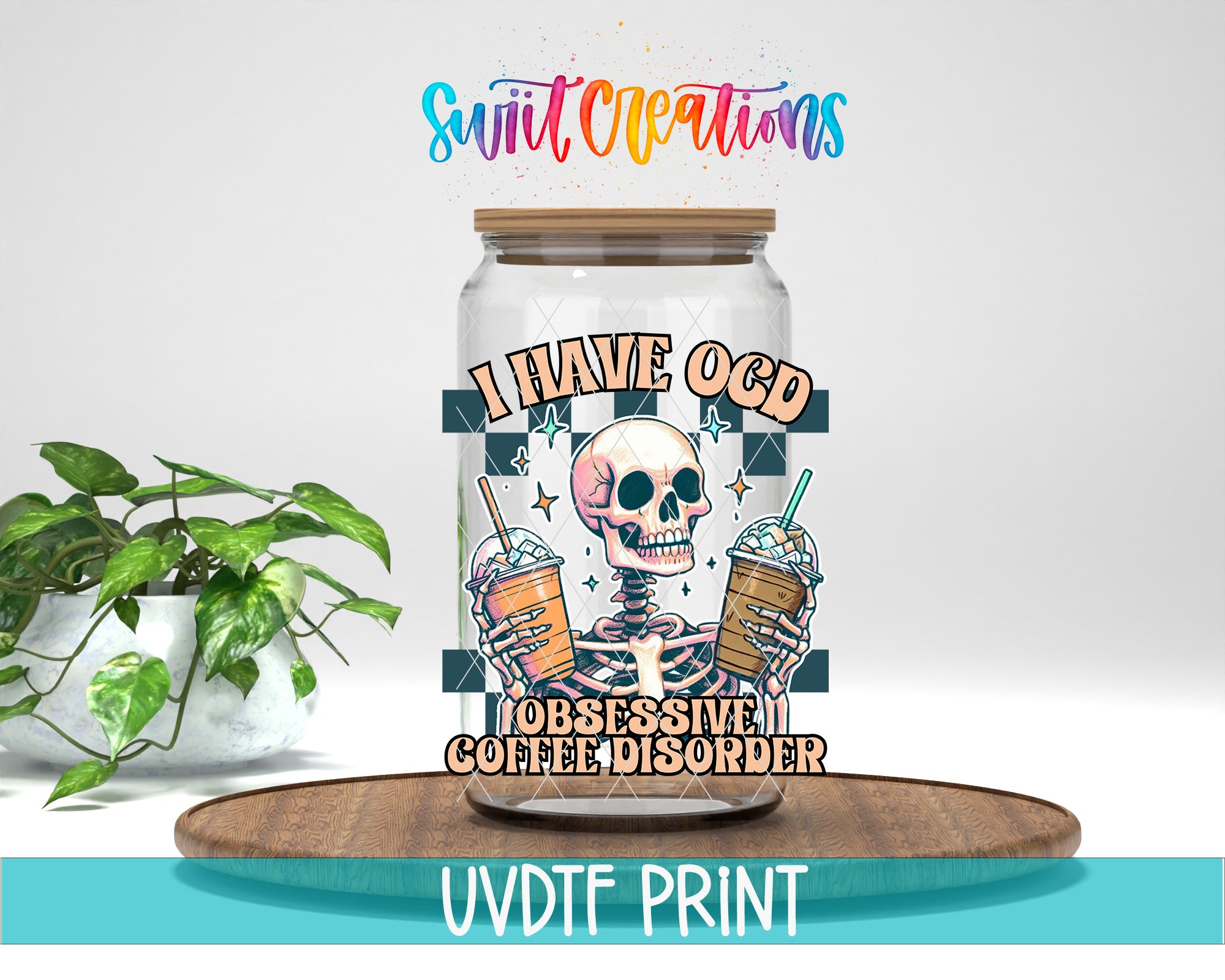 a glass jar with a skeleton holding a drink