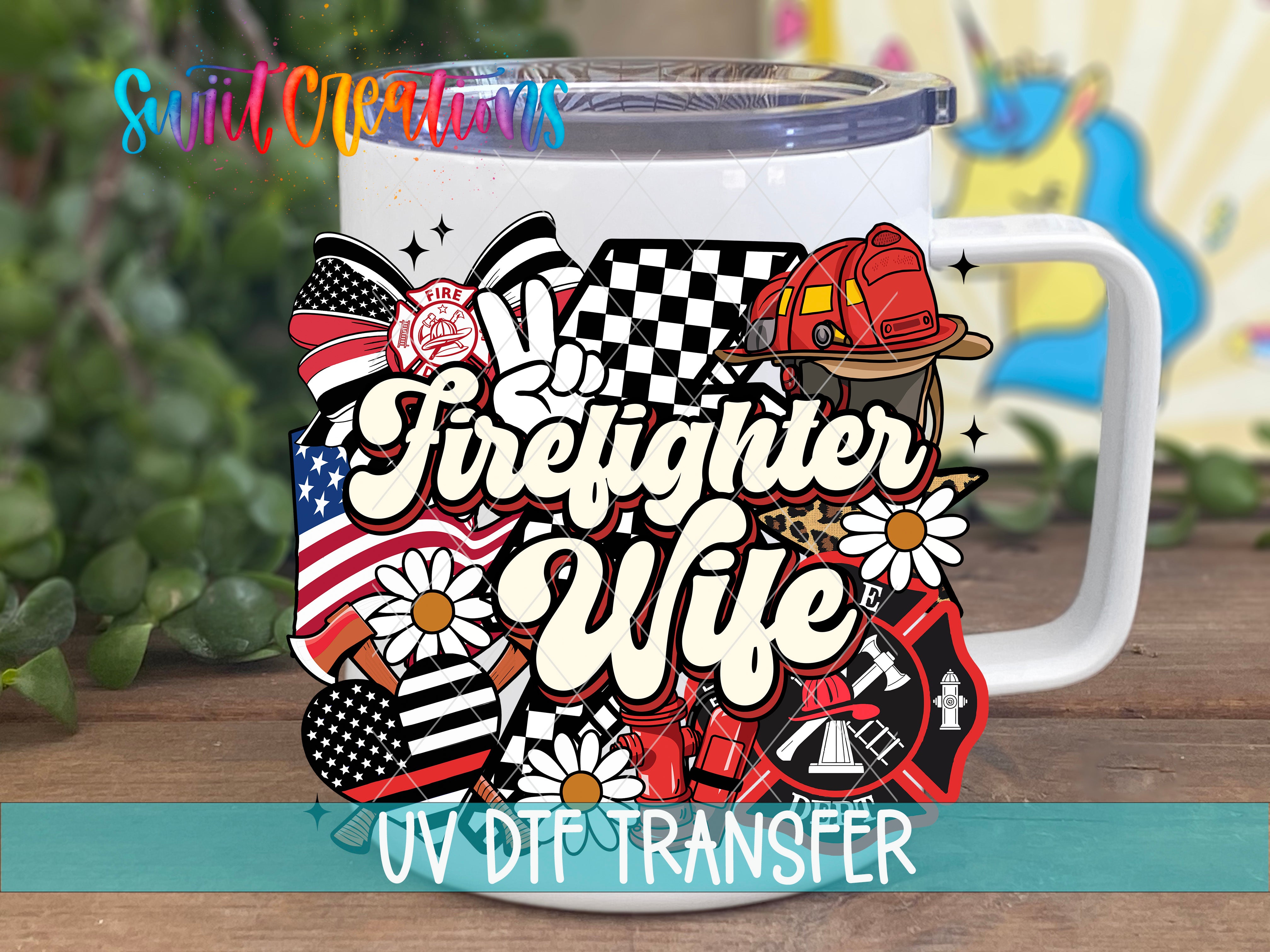 A white mug with a colorful design featuring a firefighter and a woman, along with various other fire-related symbols and elements.