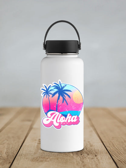 Aloha sticker on a white insulated water bottle