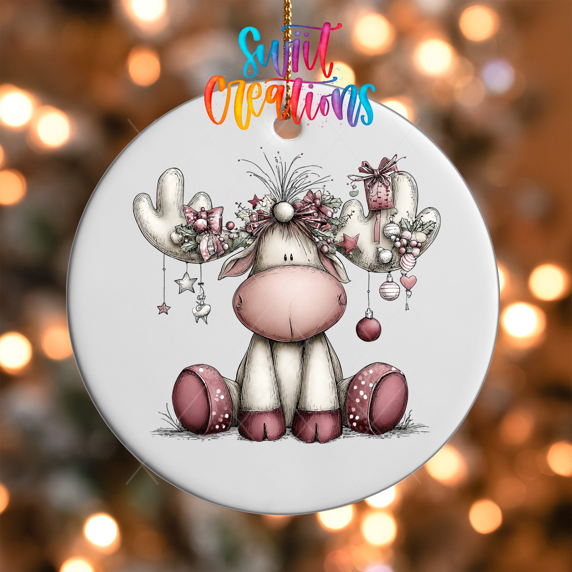 A white ornament featuring a cartoon moose with a bow on its head, surrounded by various Christmas decorations.