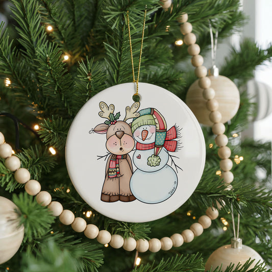 Personalized Reindeer Snowman Christmas ornament, winter friends, front view