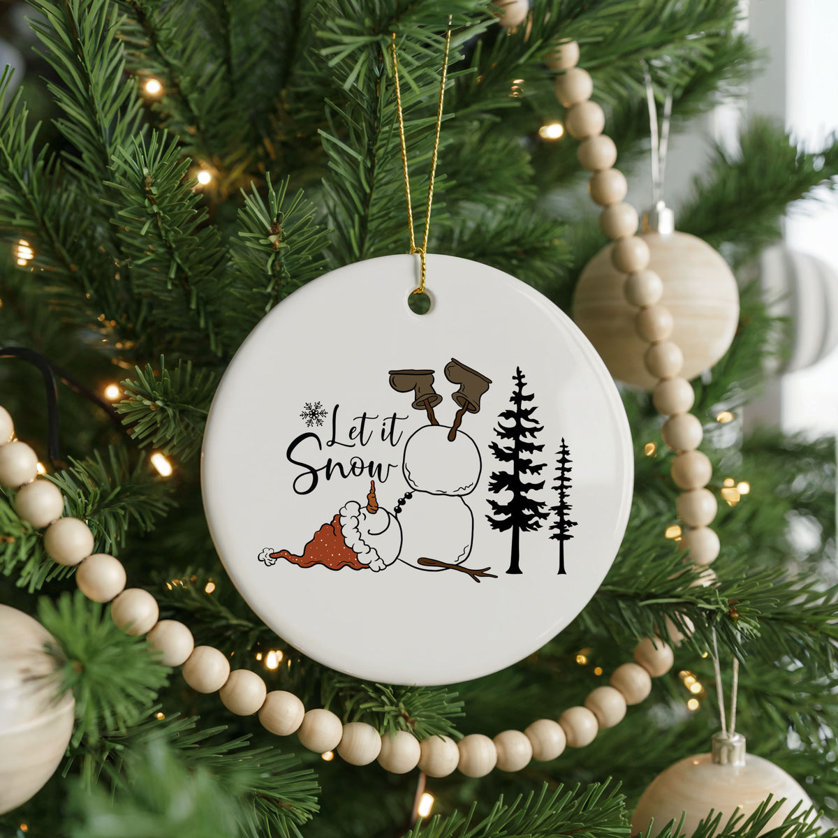 Personalized Snowman Christmas ornament, let it snow forest, front view