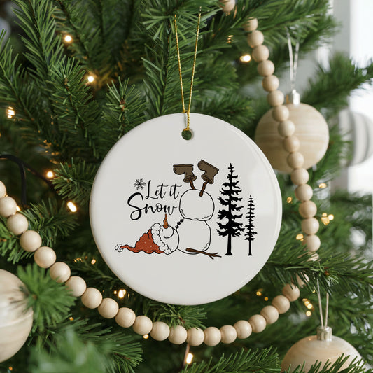 Personalized Snowman Christmas ornament, let it snow forest, front view