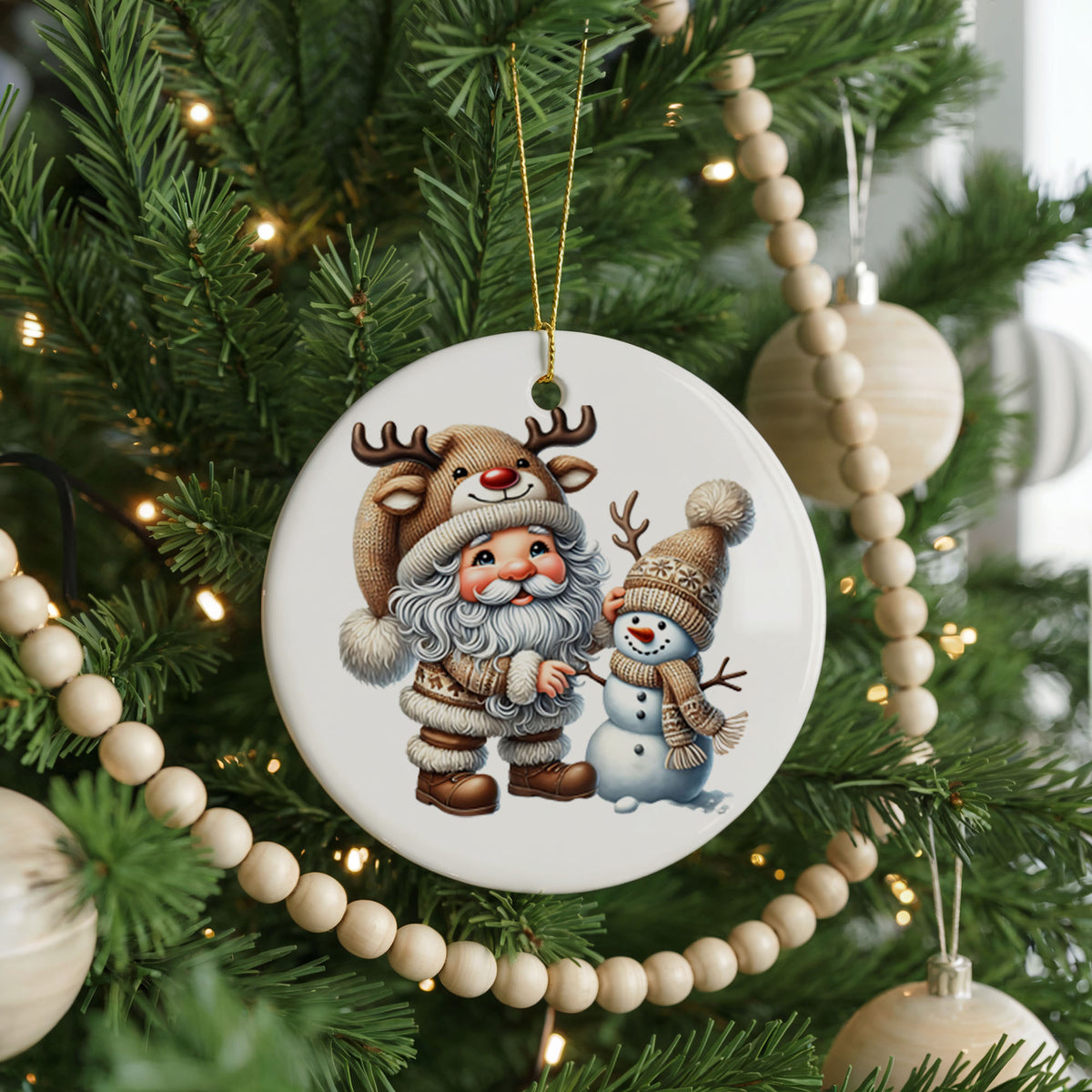 Personalized Santa Christmas ornament, reindeer and snowman, front view