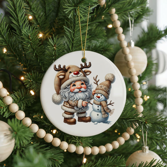 Personalized Santa Christmas ornament, reindeer and snowman, front view