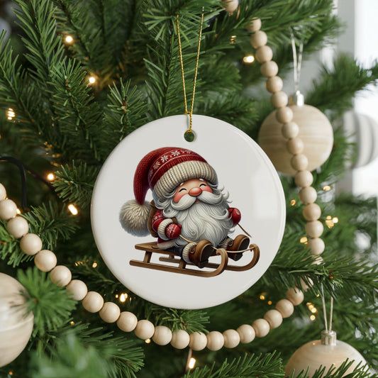 Personalized Santa Christmas ornament, sleeping on sled, front view