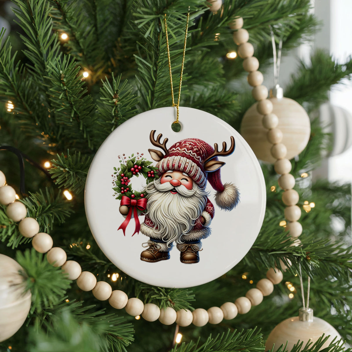 Personalized Santa Christmas ornament, holiday wreath, front view