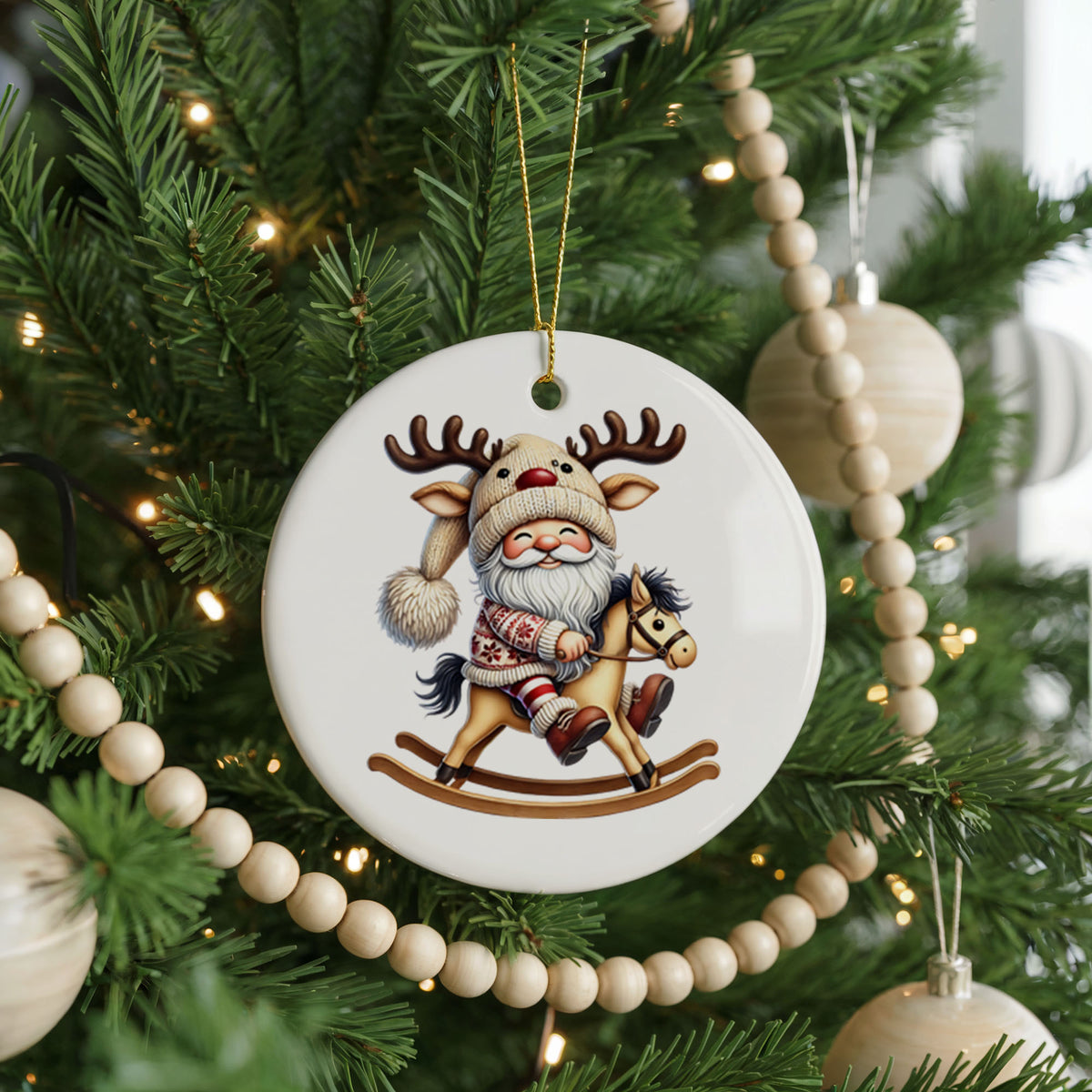 Personalized Santa Christmas ornament, rocking horse, front view