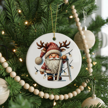 Personalized Santa Christmas ornament, hanging christmas lights, front view