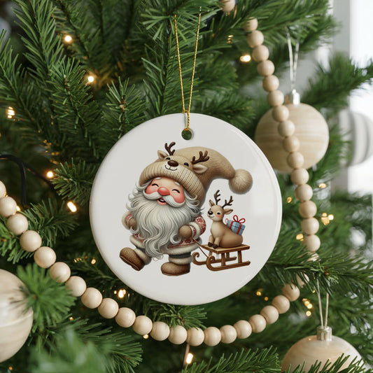 Personalized Santa Christmas ornament, reindeer sled, front view
