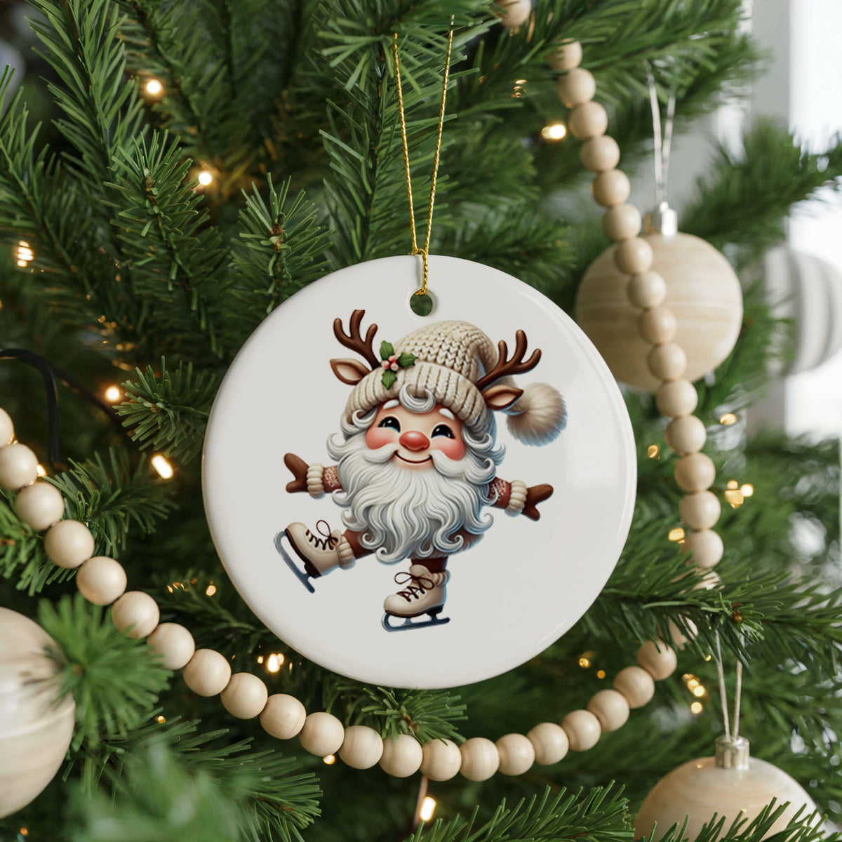 Personalized Santa Christmas ornament, ice skating, front view