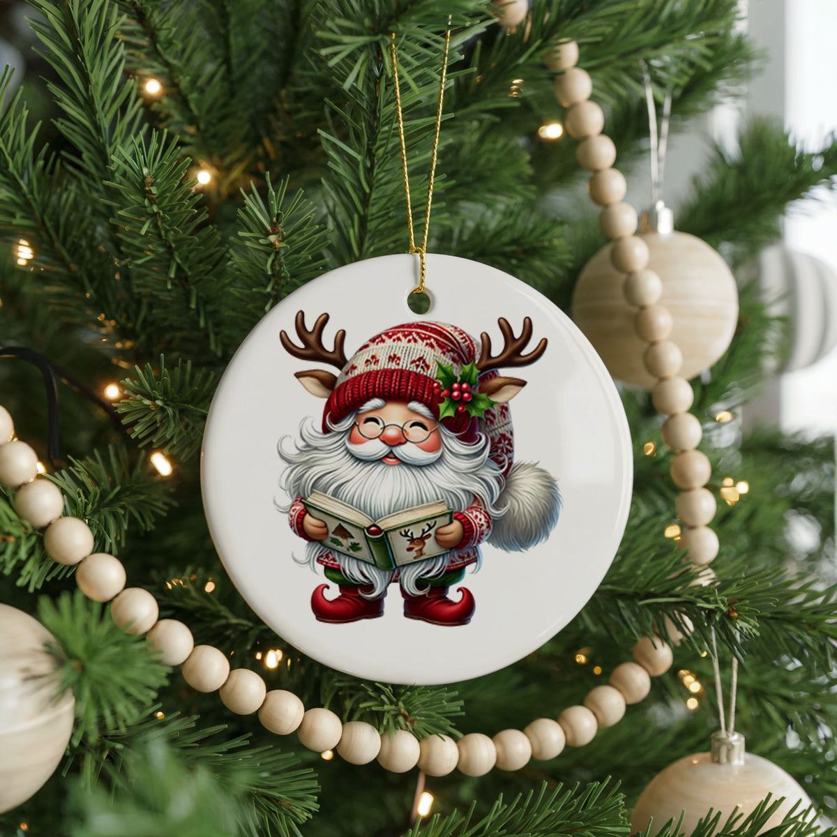 Personalized Santa Christmas ornament, reading a story, front view
