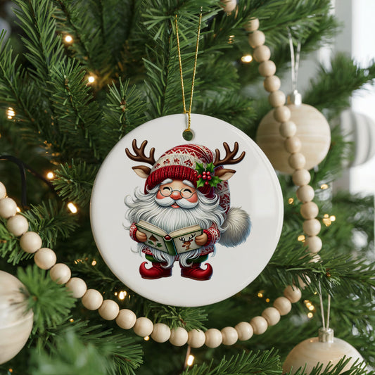 Personalized Santa Christmas ornament, reading a story, front view
