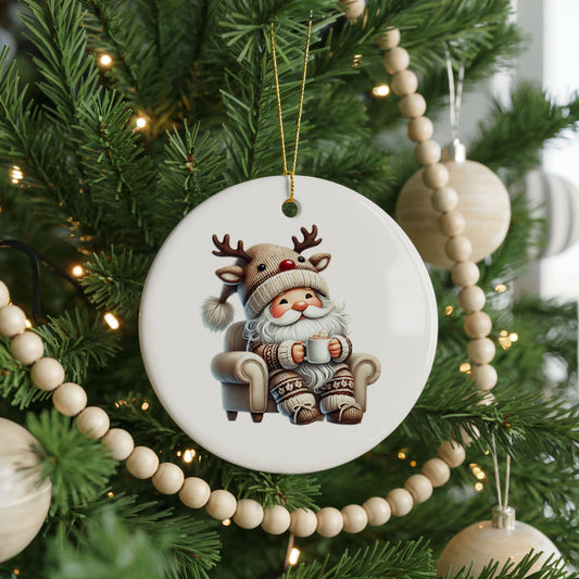 Personalized Santa Christmas ornament, cozy mug and chair, front view