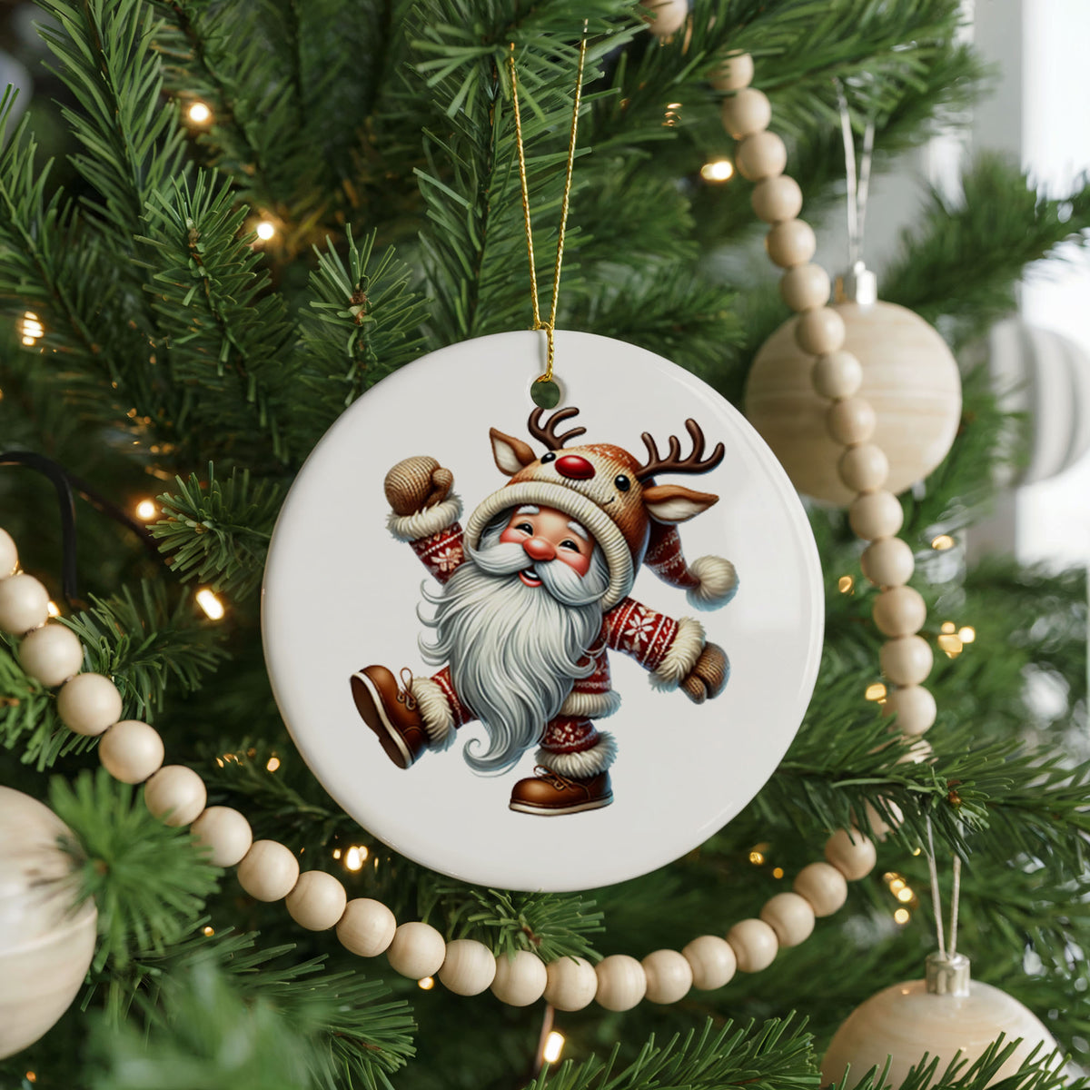 Personalized Santa Christmas ornament, dancing reindeer costume, front view