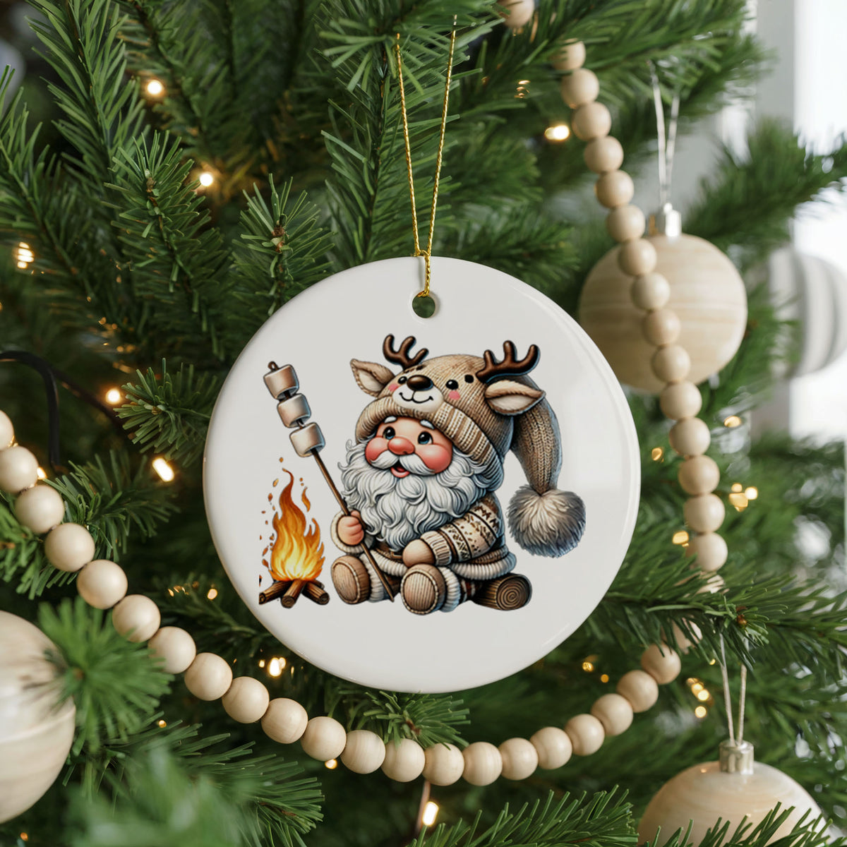 Personalized Santa Christmas ornament, campfire marshmallow, front view