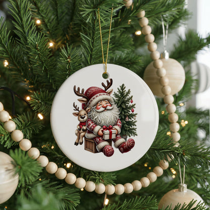 Personalized Santa Christmas ornament, reindeer and tree, front view