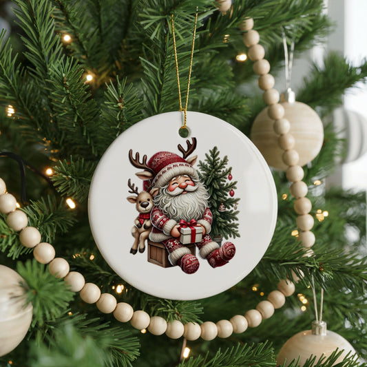 Personalized Santa Christmas ornament, reindeer and tree, front view