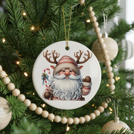 Personalized Santa Christmas ornament, candy cane and cocoa, front view