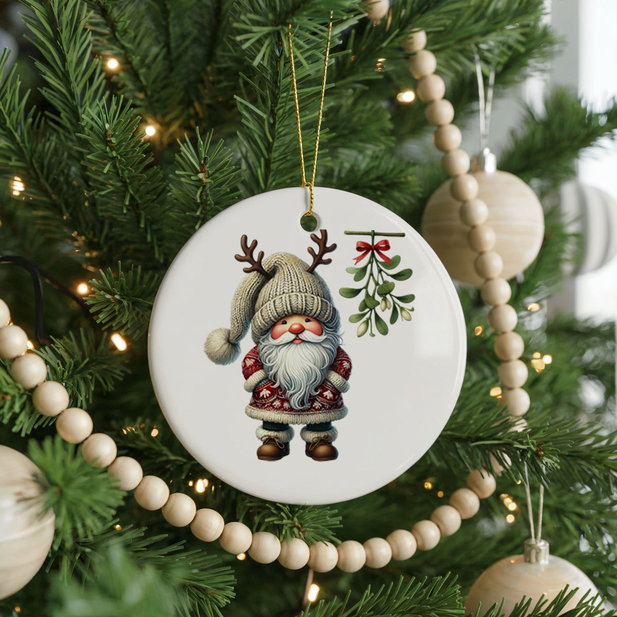 Personalized Santa Christmas ornament, under the mistletoe, front view