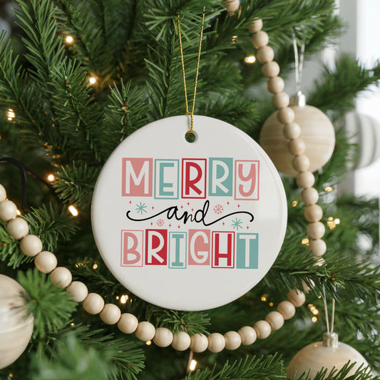 Personalized Merry and Bright Christmas ornament, pastel lettering, front view