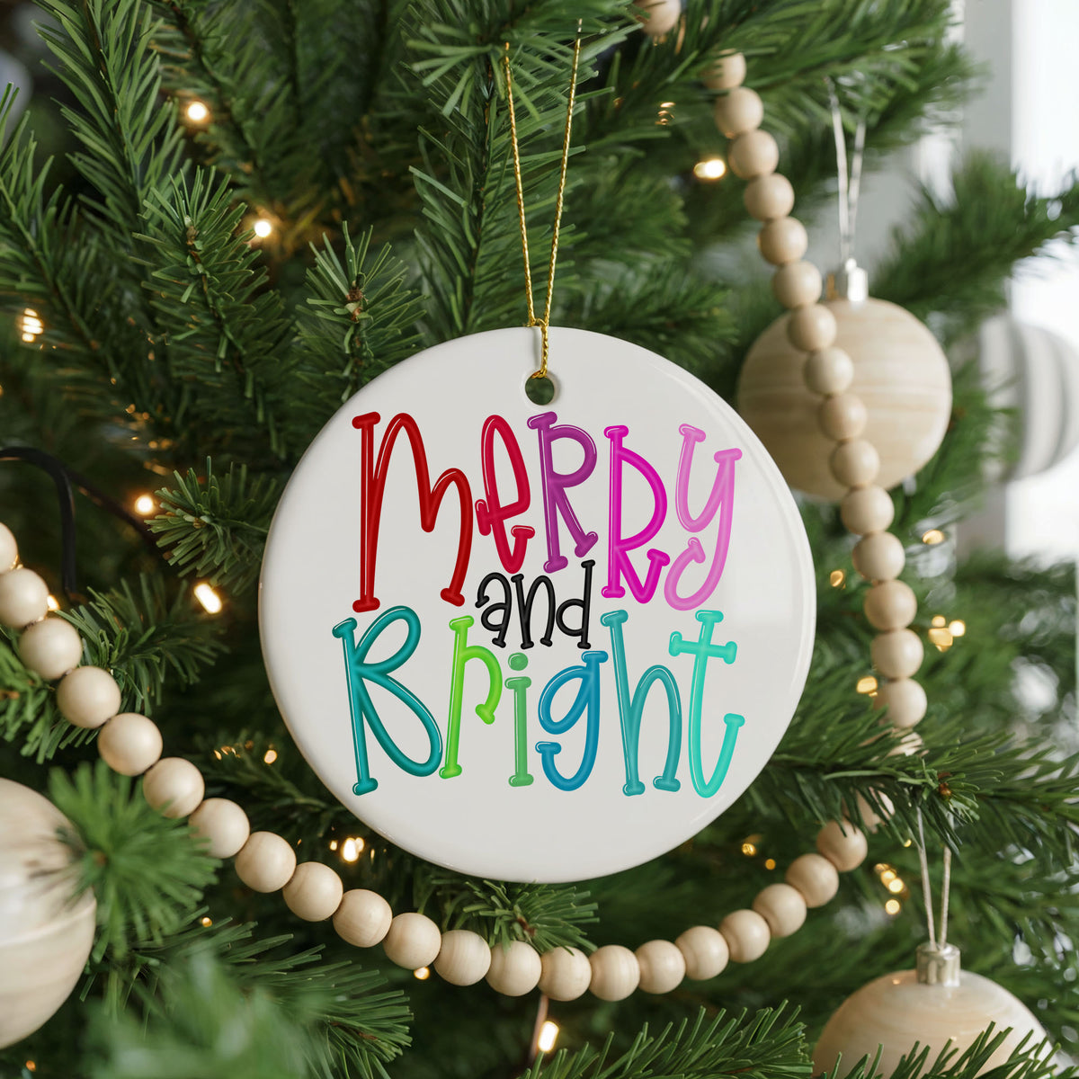 Personalized Merry and Bright Christmas ornament, colorful script, front view