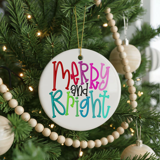 Personalized Merry and Bright Christmas ornament, colorful script, front view