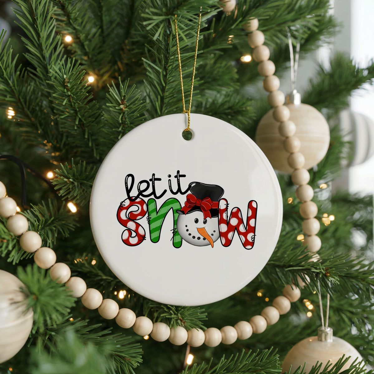 Personalized Let It Snow Christmas ornament, snowman and snowflakes, front view