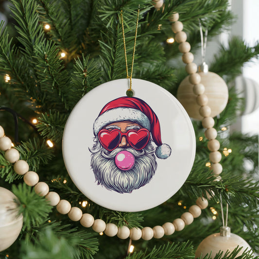 Personalized Retro Santa Christmas ornament, bubblegum and sunglasses, front view