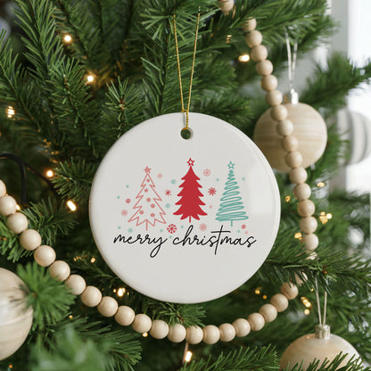 Personalized Merry Christmas ornament, minimalist trees, front view