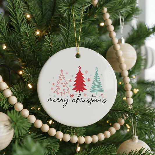 Personalized Merry Christmas ornament, minimalist trees, front view