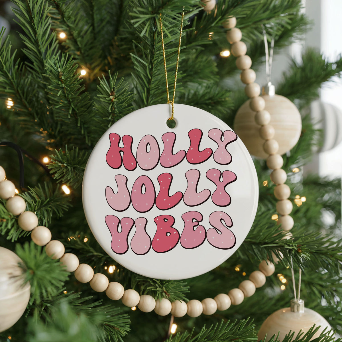Personalized Holly Jolly Vibes Christmas ornament, retro pink, front view