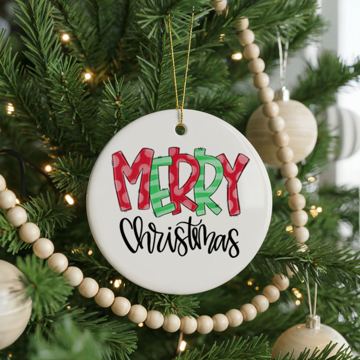 Personalized Merry Christmas ornament, patterned lettering, front view
